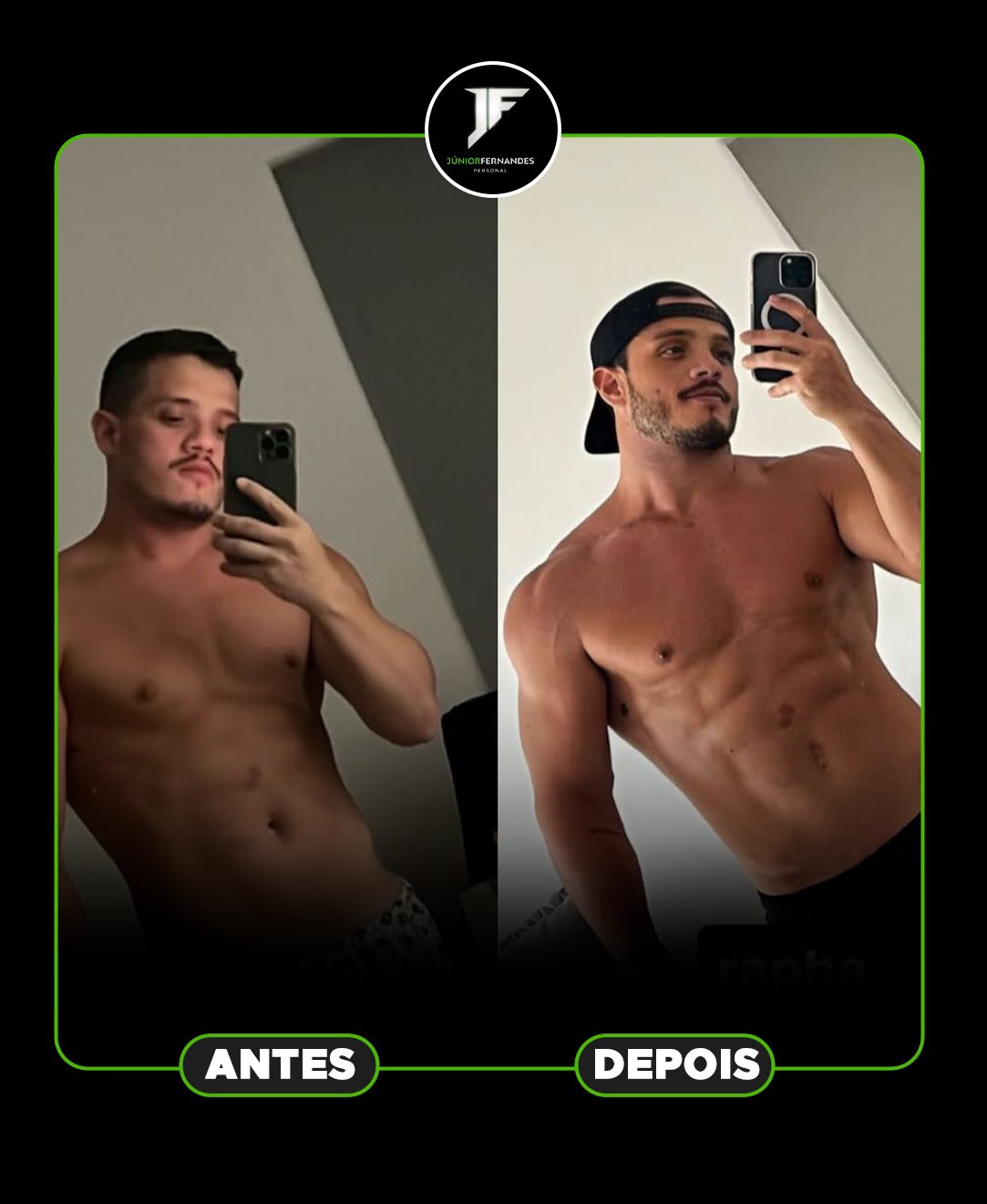 Antes e depois de aluno do Júnior Fernandes: ganho de massa muscular