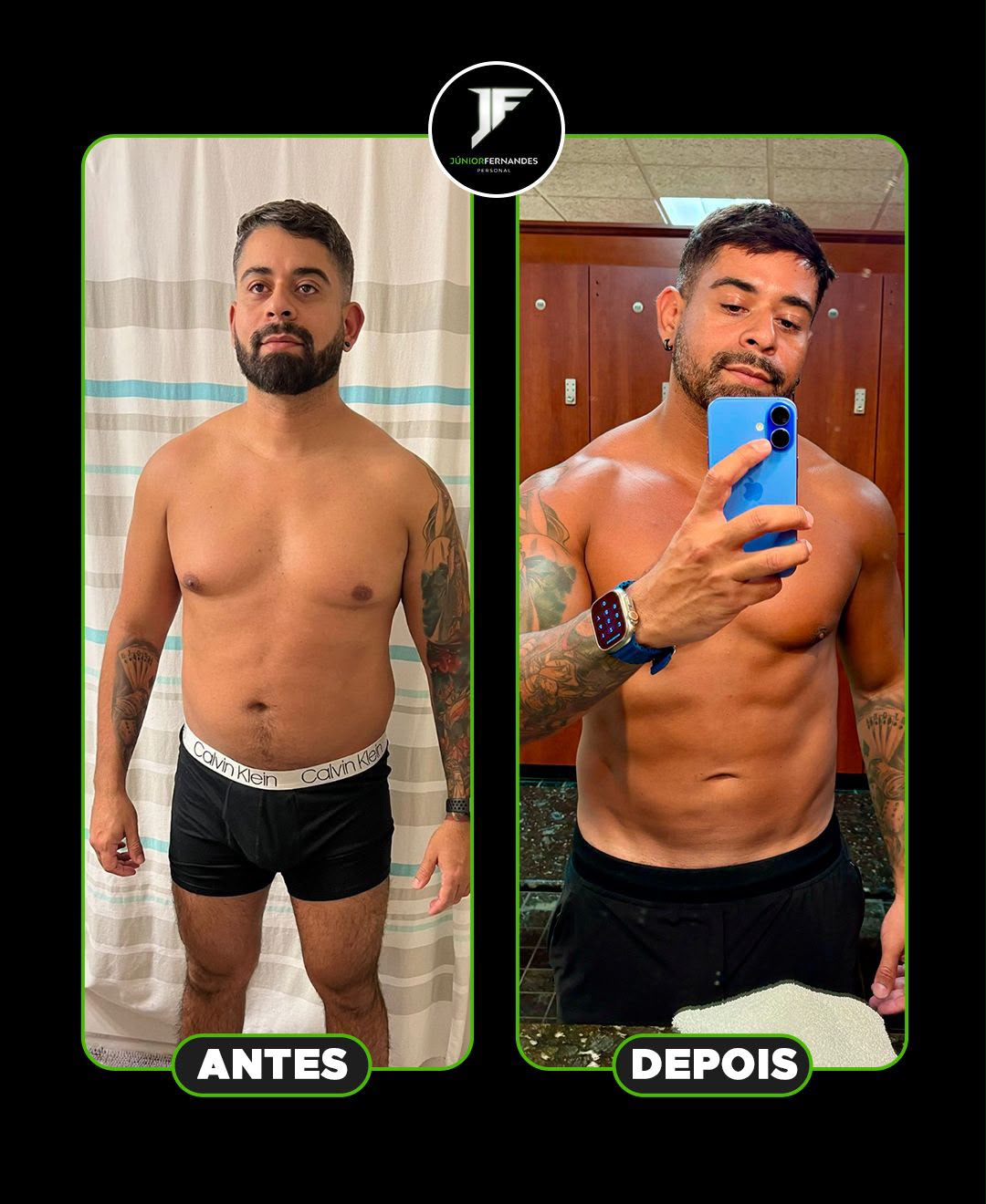 Antes e depois de aluno do Júnior Fernandes: definição muscular