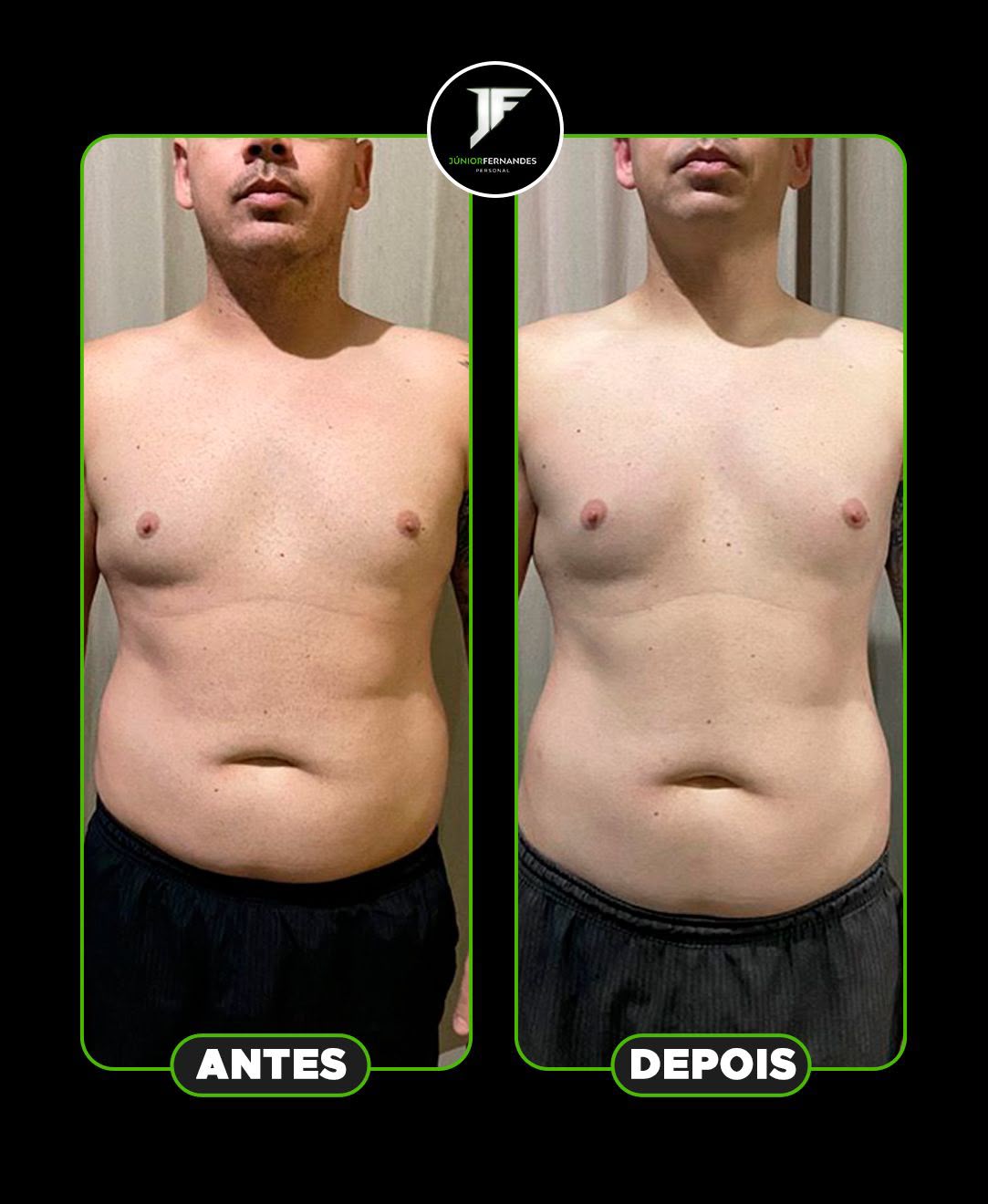 Antes e depois de aluno do Júnior Fernandes: redução de gordura abdominal